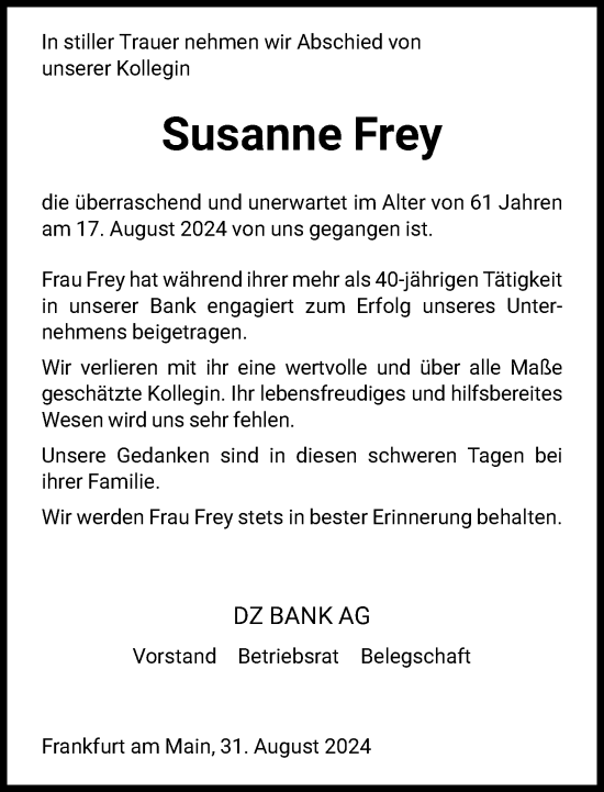 Traueranzeige von Susanne Frey von FNP