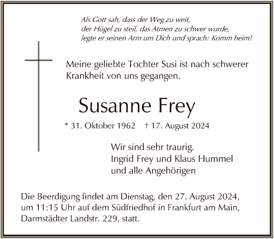 Traueranzeige von Susanne Frey von FNP