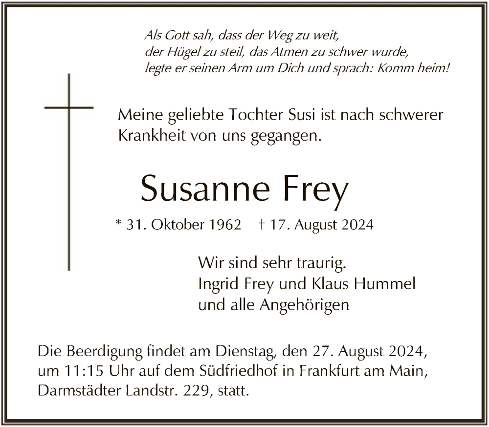  Traueranzeige für Susanne Frey vom 23.08.2024 aus FNP