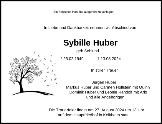Traueranzeige von Sybille Huber von FNP