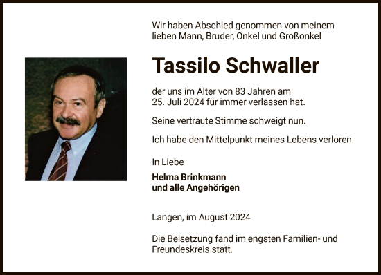 Traueranzeige von Tassilo Schwaller von FNP