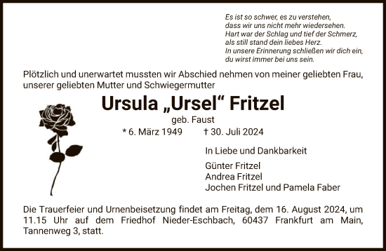 Traueranzeige von Ursula Fritzel von FNP