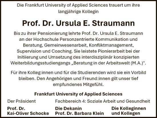 Traueranzeige von Ursula Straumann von FNP