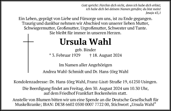 Traueranzeige von Ursula Wahl von FNP