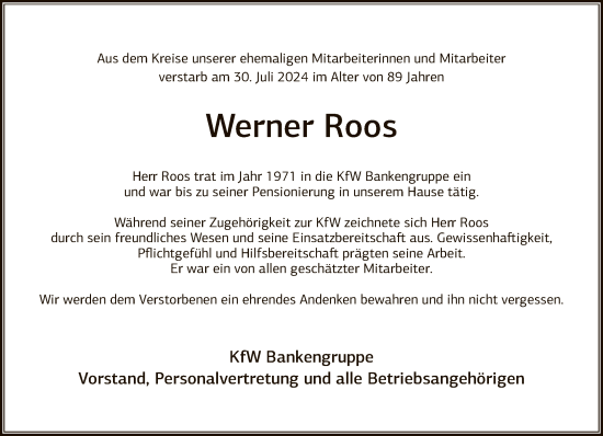 Traueranzeige von Werner Roos von FNP