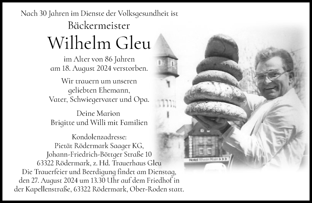  Traueranzeige für Wilhelm Gleu vom 24.08.2024 aus FNP