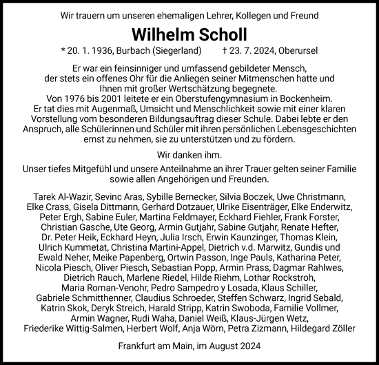 Traueranzeige von Wilhelm Scholl von FNP