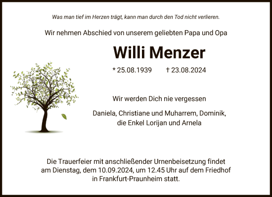 Traueranzeige von Willi Menzer von FNP