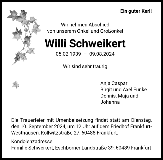 Traueranzeige von Willi Schweikert von FNP