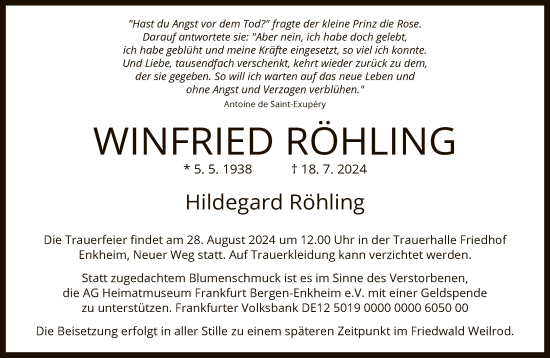 Traueranzeige von Winfried Röhling von FNP