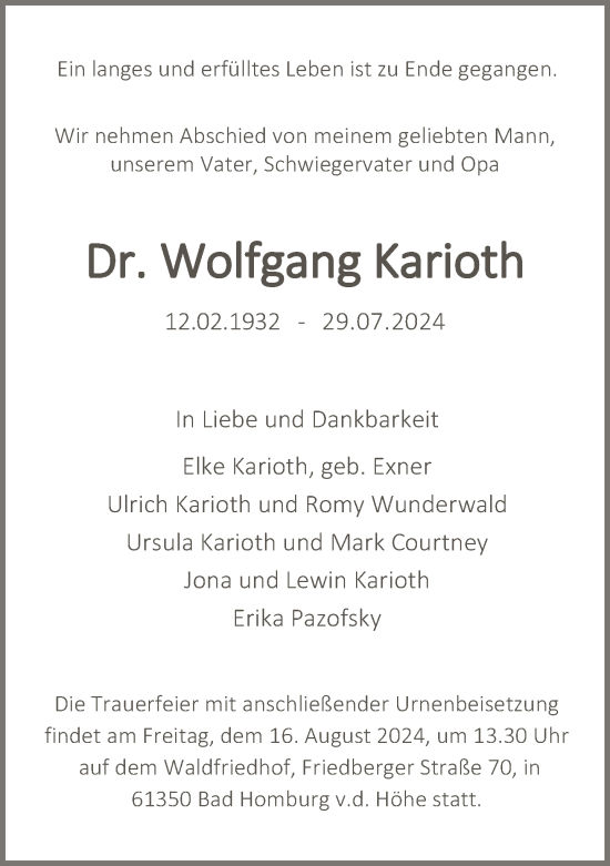 Traueranzeige von Wolfgang Karioth von FNP