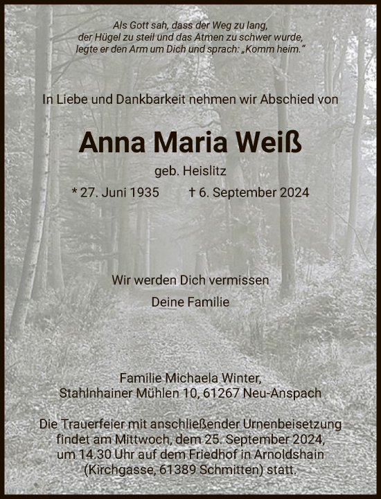 Traueranzeige von Anna Maria Weiß von FNP