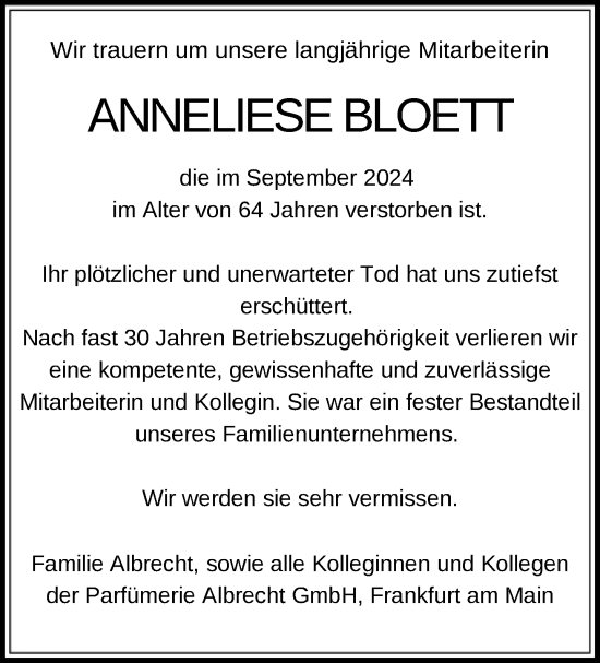 Traueranzeige von Anneliese Bloett von FNP