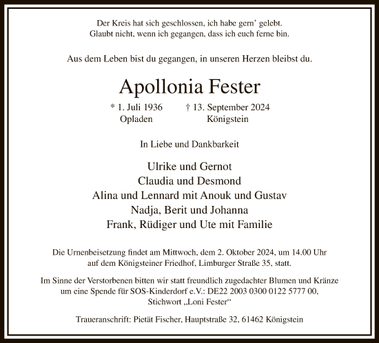 Traueranzeige von Apollonia Fester von FNP