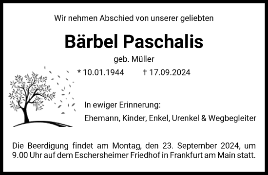 Traueranzeige von Bärbel Paschalis von FNP