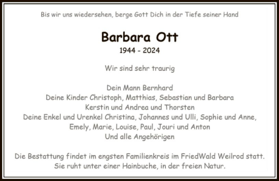 Traueranzeige von Barbara Ott von FNP