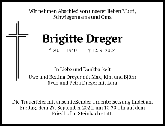 Traueranzeige von Brigitte Dreger von FNP