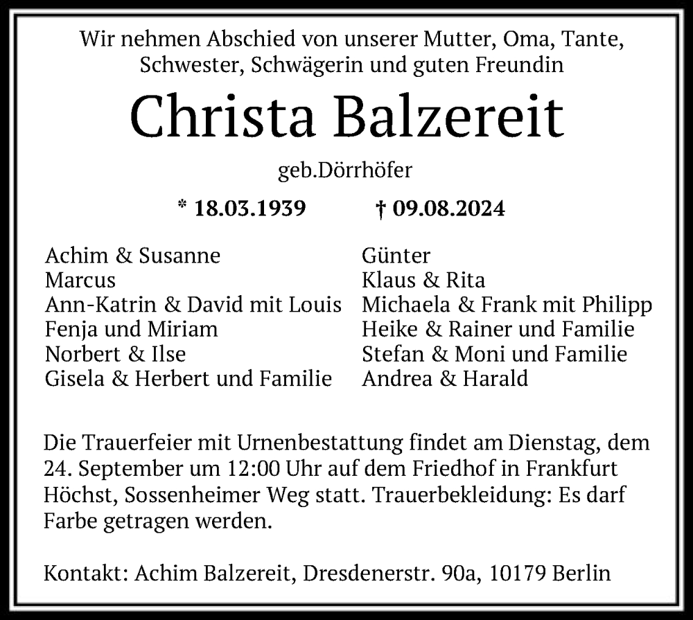  Traueranzeige für Christa Balzereit vom 14.09.2024 aus FNP