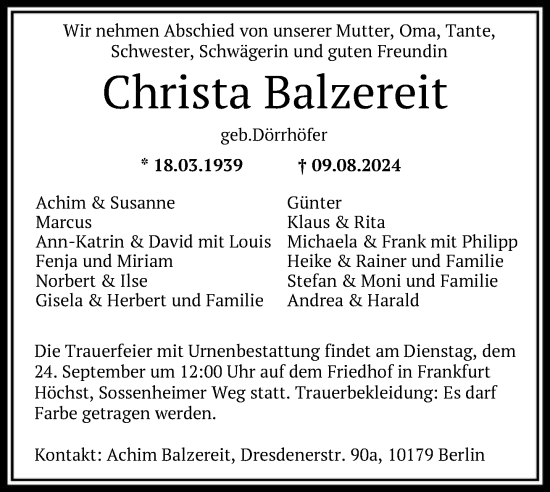 Traueranzeige von Christa Balzereit von FNP