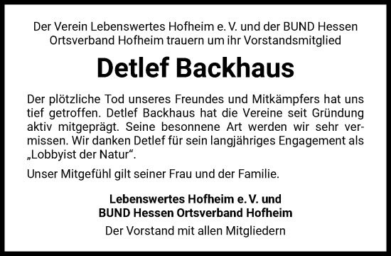 Traueranzeige von Detlef Backhaus von FNP