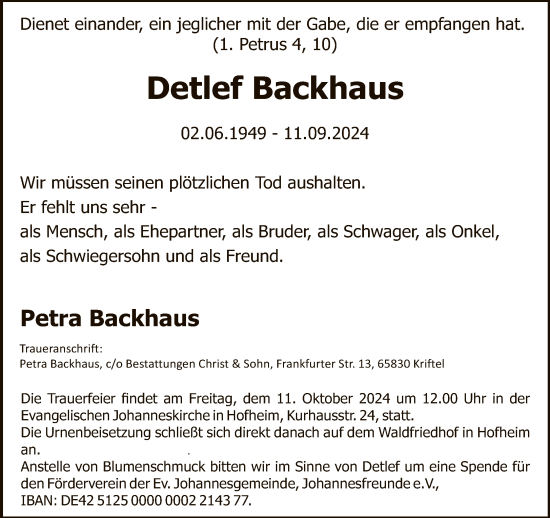 Traueranzeige von Detlef Backhaus von FNP