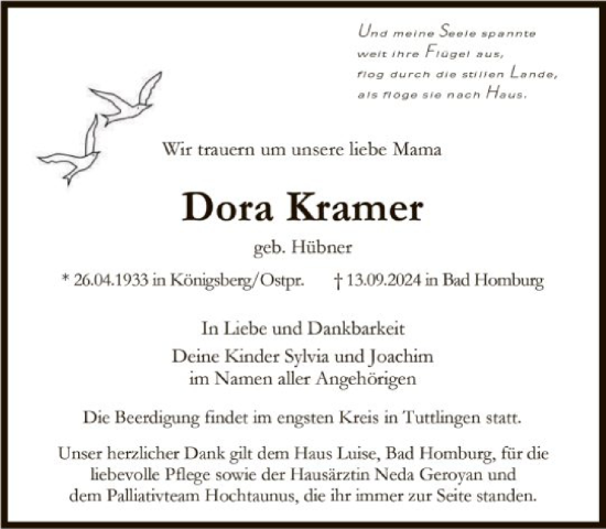 Traueranzeige von Dora Kramer von FNP