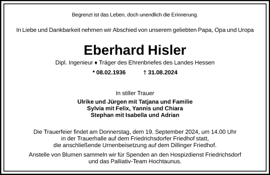 Traueranzeige von Eberhard Hisler von FNP