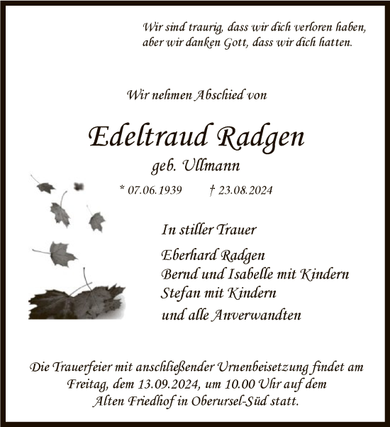 Traueranzeige von Edeltraud Radgen von FNP