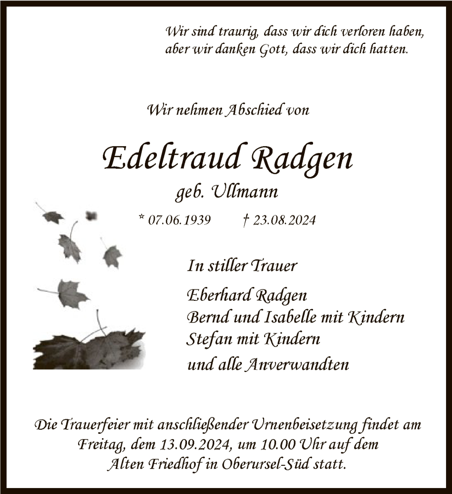  Traueranzeige für Edeltraud Radgen vom 07.09.2024 aus FNP
