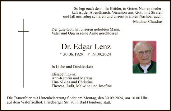 Traueranzeige von Edgar Lenz von FNP