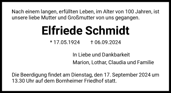 Traueranzeige von Elfriede Schmidt von FNP