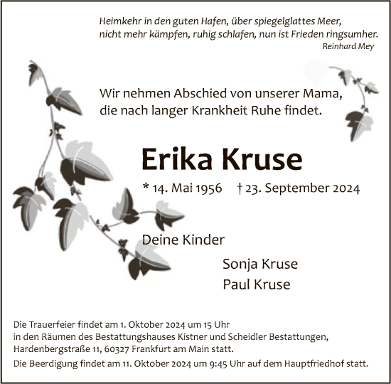 Traueranzeige von Erika Kruse von FNP