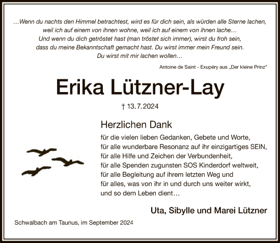Traueranzeige von Erika Lützner-Lay von FNP