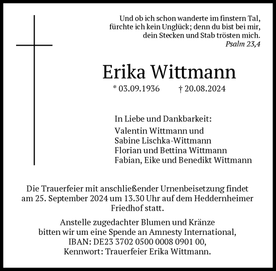 Traueranzeige von Erika Wittmann von FNP