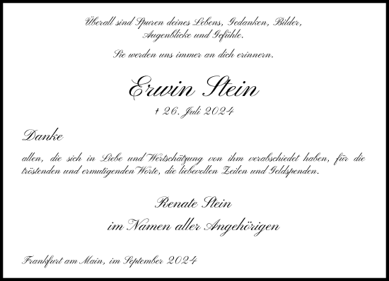 Traueranzeige von Erwin Stein von FNP