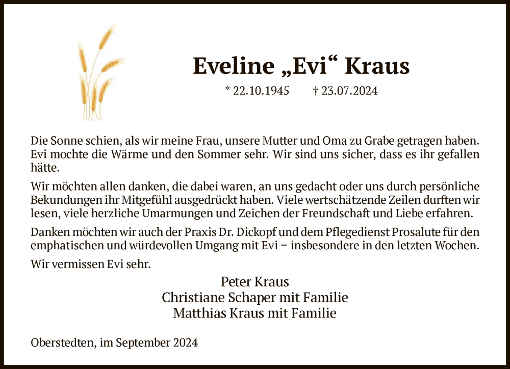  Traueranzeige für Eveline Kraus vom 07.09.2024 aus FNP