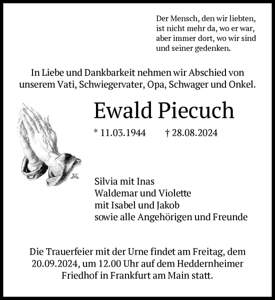 Traueranzeige von Ewald Piecuch von FNP