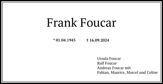 Traueranzeige von Frank Foucar von FNP