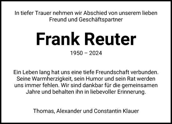 Traueranzeige von Frank Reuter von FNP