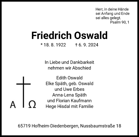 Traueranzeige von Friedrich Oswald von FNP