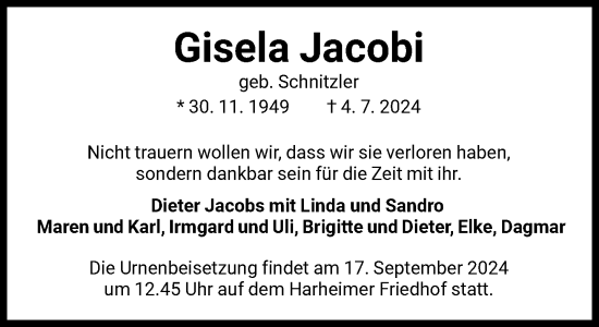Traueranzeige von Gisela Jacobi von FNP