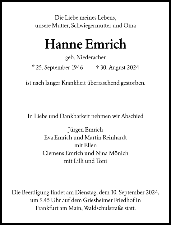 Traueranzeige von Hanne Emrich von FNP