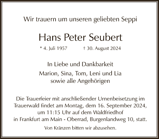 Traueranzeige von Hans Peter Seubert von FNP