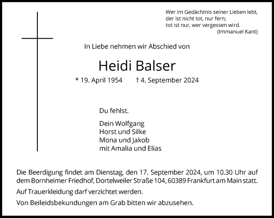 Traueranzeige von Heidi Balser von FNP