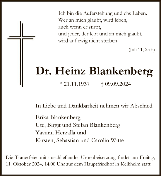 Traueranzeige von Heinz Blankenberg von FNP