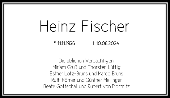 Traueranzeige von Heinz Fischer von FNP