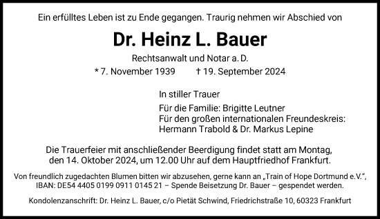 Traueranzeige von Heinz L. Bauer von FNP