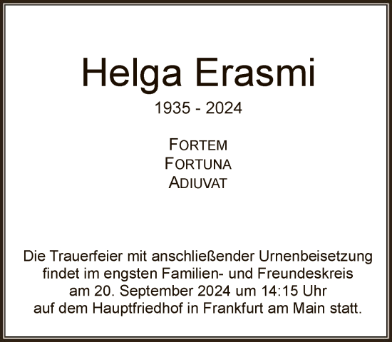 Traueranzeige von Helga Erasmi von FNP