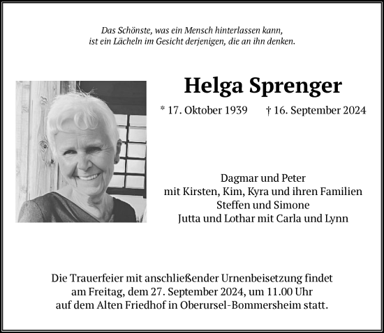 Traueranzeige von Helga Sprenger von FNP