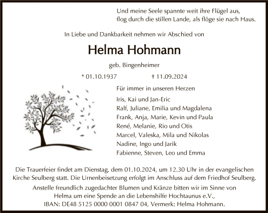 Traueranzeige von Helma Hohmann von FNP